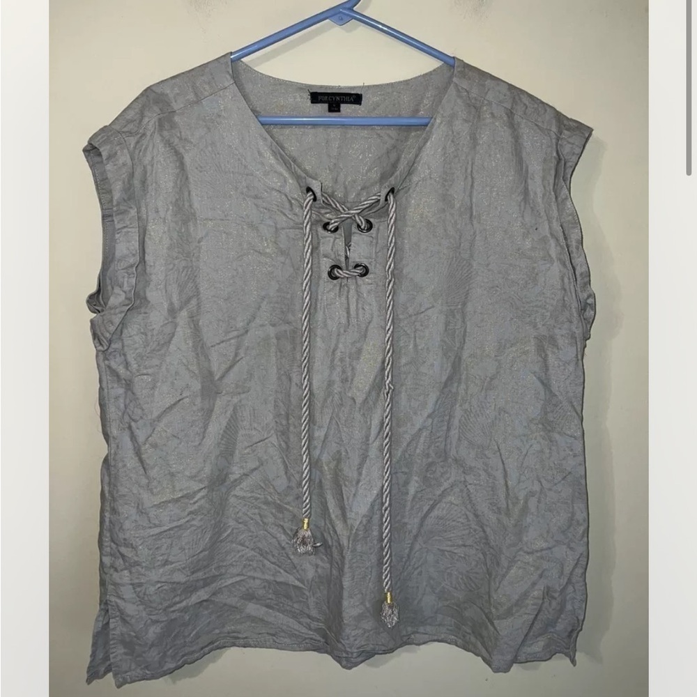 For Cynthia 100% Linen Boxy Top Tan Gold Specs Large